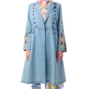 Aratta New Yorker Coat, size XL. Embroidered Denim Coat with Floral Details